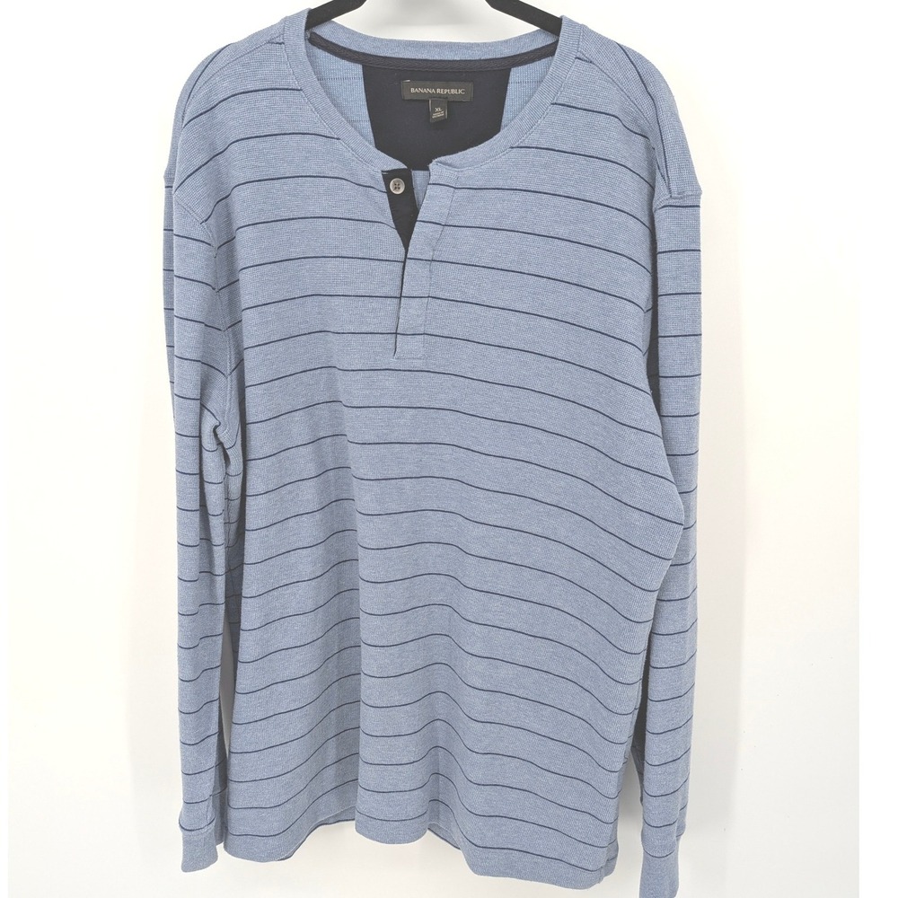 Banana Republic Y2K Henley Men XL Blue Striped‎ Long Sleeve Waffle Knit Thermal